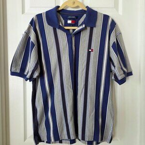 Tommy Hilfiger Vintage Blue/Gray Striped Knit Polo Shirt Size Large